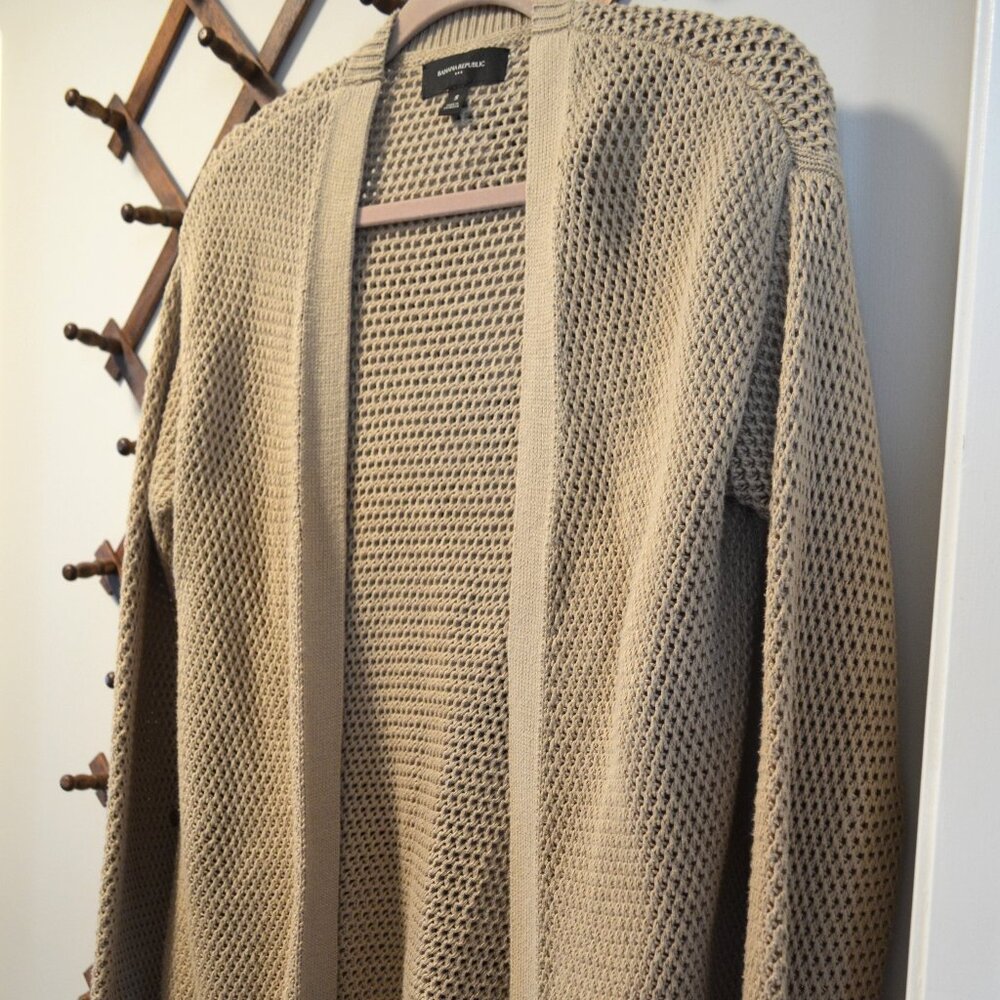 Banana Republic tan crochet-knit, open-front cardigan, size small but runs large